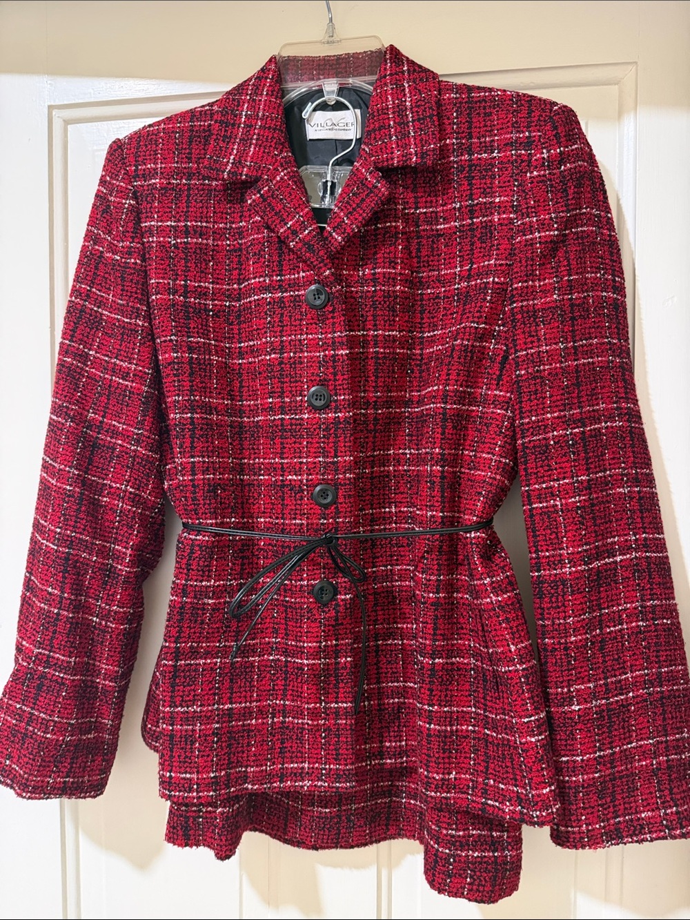 villager Red Tweed Plaid Blazer with Belt